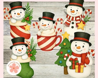 Christmas Snowman Clipart PNG, Whimsical Winter Holiday Snowman Illustration, Card Making, Scrapbooking, Stickers, Junk Journals
