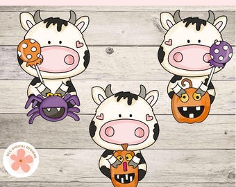Cow Clipart PNG, Black and White Halloween Cows Clip Art for Stickers, Digital Scrapbooking, Paper Crafts, Junk Journals, T-Shirts for Kids
