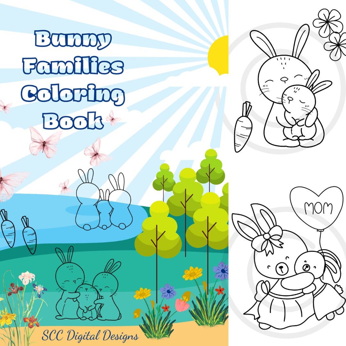 Bunny Families Kid's Printable Coloring Book, Mom, Daddy and Baby