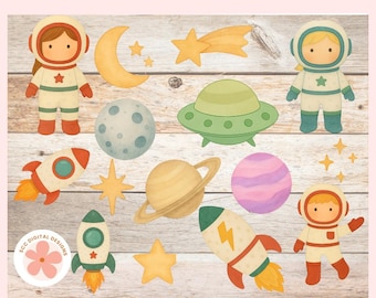 Space Clipart, Colorful Planets, Rockets, Space Ships, Retro Aliens, Kid's T-Shirt Design PNG, Party Printable, Outer Space Digital Download