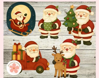 Santa Clipart Bundle, Santa's Sleigh, Reindeer, Christmas Trees, Snowman Woodland Holiday Animals Clipart, Christmas Santa Clipart PNG