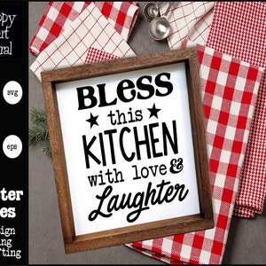Benedici questa cucina con amore e risate File SVG - Regalo per il riscaldamento della casa - Arredamento della cucina della fattoria - Hot Pad e asciugamano PNG Design