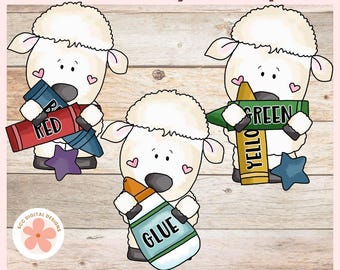 Whimsical Sheep Back to School Clipart, School Supplies PNG, Crayons & Apple Graphic Illustrations Clip Art for Scrapbooking, Crafting