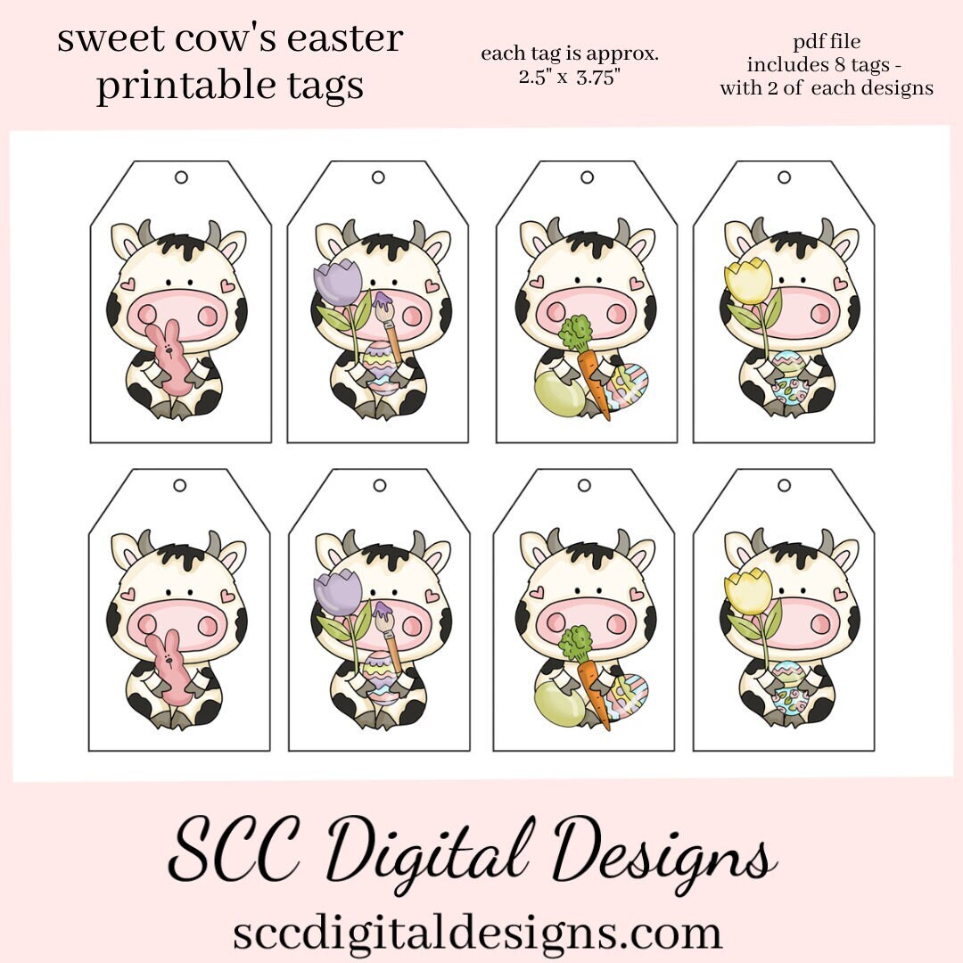 Easter Gift Tags for Kids, Print at Home Gift Tag, Black and White Cow