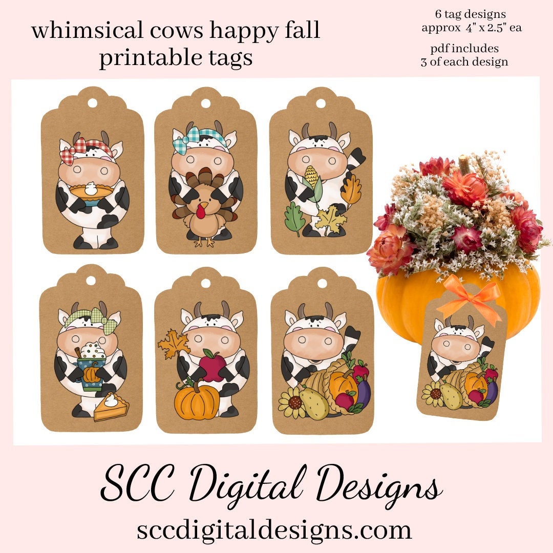 Whimsical Cow Happy Fall Printable Kraft Tags Black &amp; White - Etsy