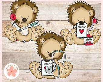 Get Well Soon Lion Clipart, Whimsical Cartoon Lions Doctor, Nurse, Medical Chart PNG for Scrapbook, Junk Journal & Crafting