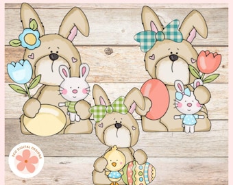 Whimsical Easter Bunny Clipart Set, Easter Eggs, Spring Nursery Decor, Rabbit, Flower Graphic Illustrations, Easter Basket PNG