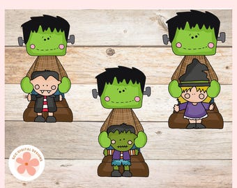Frankenstein and Pals Clipart, Spooky Monsters, Ghost Halloween PNG, Paper Crafting, Scrapbooking, Junk Journals, Kids Crafts & T-Shirts