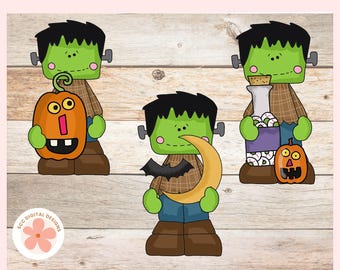 Whimsical Frankenstein Clipart, Spooky Monsters Halloween Clip Art PNG, Paper Crafting, Scrapbooking, Junk Journals, Kids Crafts & T-Shirts