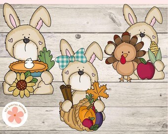 Thanksgiving Clipart, Silly Rabbit, Turkey, Pumpkins, Pumpkin Pie Autumn Harvest PNG Clip Art, Digital & Printable Stickers, Whimsical Bunny