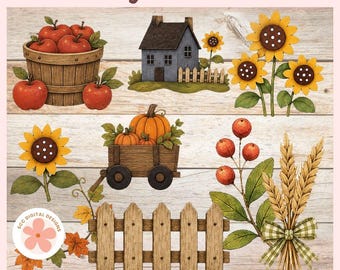 Country Fall Clipart, Scarecrows, Pumpkins, Blackbird, Sunflowers Clip Art PNG, T-Shirt Designs, Paper Crafting, Scrapbook & Junk Journal