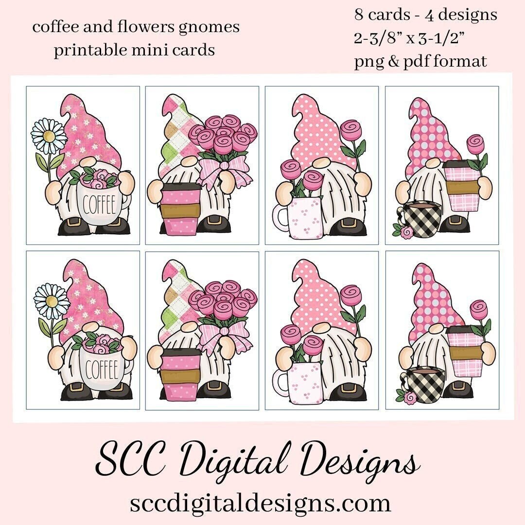 Coffee Flowers Gnome Printable Mini Cards 8 Mini Cards Etsy