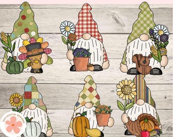 Thanksgiving Gnome Clipart, Turkeys, Pumpkins & Fall Florals PNG, Digital and Printable Stickers, Paper Crafts, Scrapbook, Junk Journals