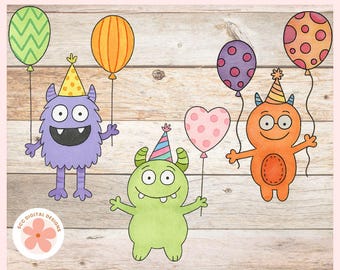 Monster Birthday Clipart, Cute & Silly Party Monsters PNG Clip Art for Party Supplies, Scrapbook, Printables, Kids T-Shirts, Paper Crafting