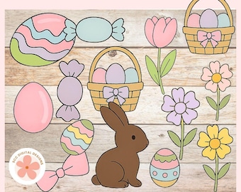 Easter Clipart, Bunnies, Chicks, Easter Baskets, Pastel Colored Eggs, Whimsical Spring Floral PNG, Paper Crafting, Scrapbooking Elements