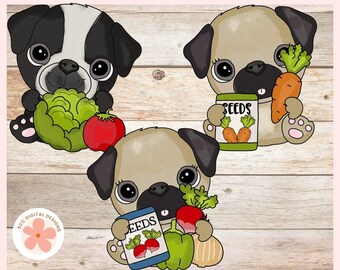 Cute Garden Pug Clipart, Seed Packet, Veggies PNG Clip Art, Puppy Dog Graphic Illustration for Scrapbooking & Crafting, Dog Lover Gifts