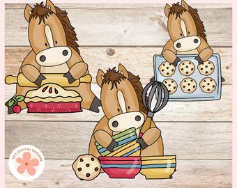 Whimsical Horse Clipart, Cute Cartoon Horses Baking, Animal PNG for Nursery Decor, Scrapbook Elements, Paper Crafting, Farm Animal Clip Art