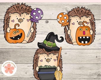 Halloween Clipart, Whimsical Hedgehogs, Scary Pumpkins, Witch & Candy PNG, Witchy Hedgehog Clip Art for Paper Crafting, Scrapbook, Stickers