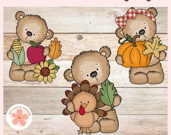 Thanksgiving Clipart Bundle, Tattered Teddies, Pumpkins, Turkey, Fall Clipart for Teacher, Paper Crafting, Scrapbook & Junk Journal Ephemera