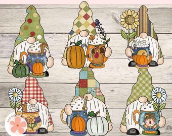 Fall Gnome Clipart, Pumpkins, Scarecrow, Cocoa Mug Clip Art PNG, T-Shirt Design, Teachers, Paper Crafting, Scrapbook & Junk Journal Ephemera