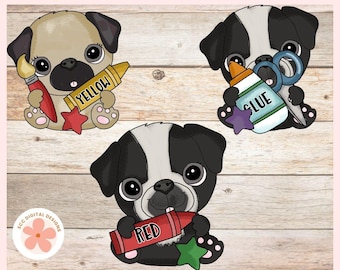 Whimsical Pug Back to School Clipart, School Supplies PNG, Crayons & Apple Graphic Illustrations Clip Art for Scrapbooking, Crafting