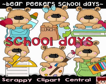 Bear Peekers School Days Digital Clipart - Digital Word-Art - Word Art - School Clipart - Bear PNG - Fournitures scolaires Clipart