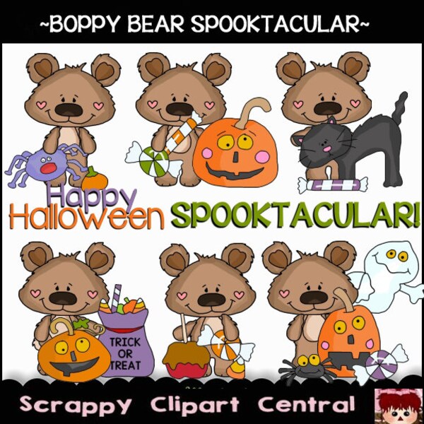 Boppy Bear Spooktacular Digital Clipart - Whimsical Bears, Spooky Pumpkins, Ghosts Goblins - Create Halloween Treat Bags & Party Printables