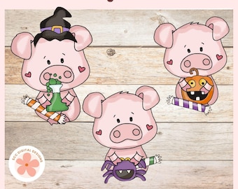 Cute Halloween Pigs Clipart, Spooky Pumpkins, Halloween Candies, Spiders PNG for Paper Crafting, Scrapbooking, T-Shirts and Crafts for Kids