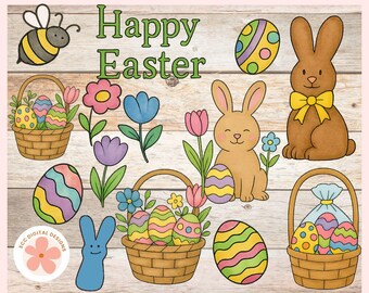 Easter Clipart, Bunnies, Baskets, Colored Eggs Bundle, Spring Holiday PNG for Printable & Digital Stickers, Paper Crafting, Scrapbook