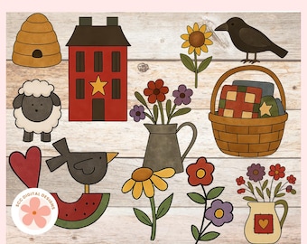 Primitive Clipart, Country Folk Art Graphics, Prim Saltbox Houses, Sheep, Crow, Flag & Floral Clip Art PNG Elements for Stickers, Crafting