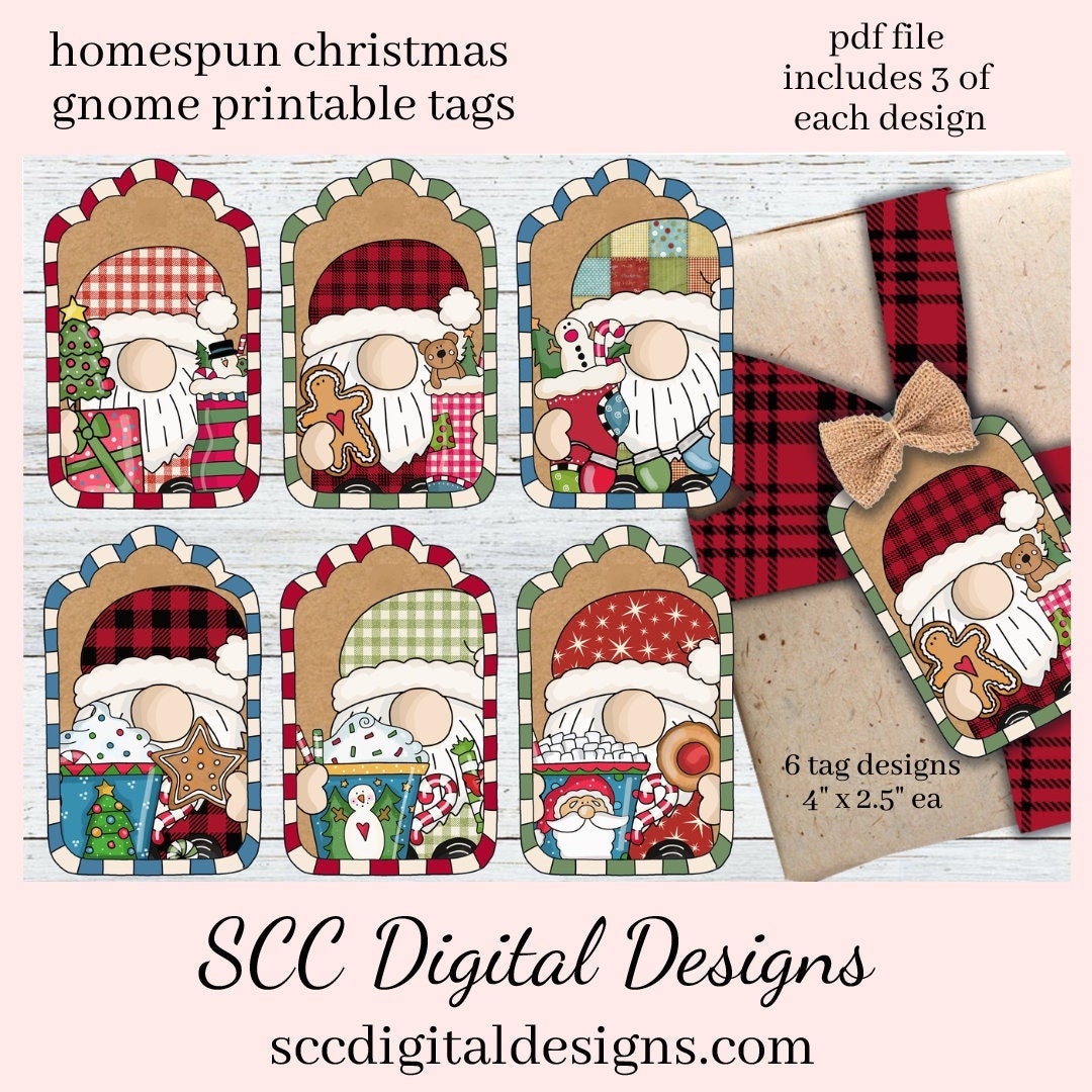 Printable Christmas Gift Tags, Xmas Gnome, Santa Hat, Hot Cocoa Mugs