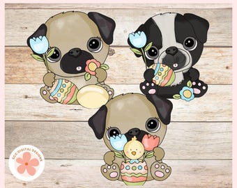 Easter Clipart, Cute Easter Pugs, Colored Eggs, Spring Florals Clip Art PNG for Kids T-Shirts, Paper Crafting, Digital Scrapbook Elements