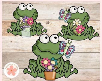 Funny Frogs Clipart Bundle, Cute Fat Frog Spring Flowers  Clipart Printable Clip Art PNG, Green Toads Scrapbook & Junk Journal Supplies