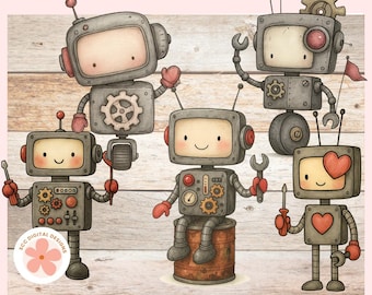 Robot Clipart PNG, Kids Robots Stickers, Cute Robot Clip Art Illustrations, Boys T-Shirt Designs, Paper Crafting, Scrapbooking