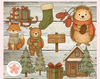Christmas Woodland Animal Clipart Bundle, Forest Animals, Deer, Bear PNG, Cute Winter Sticker Clipart, Rustic Christmas PNG,  Commercial Use