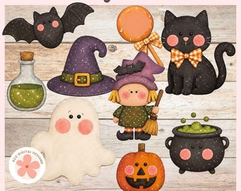 Halloween Clipart, Black Cat, Ghosts, Pumpkins, Witches Hat PNG, Scene Creator, Printable Stickers, Paper Crafts, Scrapbooks, Junk Journals
