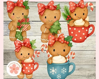 Cute Christmas Gingers PNG Bundle, Trees, Presents, Hot Cocoa Mugs, Gingerbread Cookies Clipart, Holiday Ginger Bread Girls Clip Art