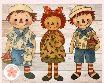 Annie & Andy Prim Clipart, Americana Folkart PNG for Digital, Printable Stickers, Paper Crafting, Scrapbook, Junk Journals, Home Decor