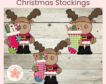 Christmas Moose PNG, Cute Moose Stockings PNG, Holiday Christmas Clip Art, ChrisMoose Christmas Stockings Clipart, DIY Christmas Stickers