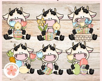 Easter Clipart, Bitty Black and White Cows, Colored Eggs PNG for Kids T-Shirts, Paper Crafting, Digital Scrapbook Elements