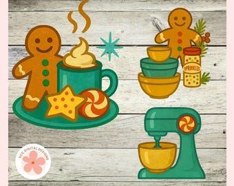 Gingerbread Christmas Clipart, Retro Holiday Clip Art, Digital & Printable Stickers, DIY Paper Crafting, Scrapbooks, Junk Journaling