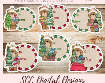 Christmas Printable Gift Tags, Cute Winter Bears PNG, Christmas Gift Labels, Digital & Printable Stickers, 6 PNG Graphics