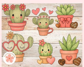 Kawaii Valentine Clipart, Cute Cactus Valentine PNG for Kids’ Classroom Parties, DIY Party Decor, Digital & Printable Stickers
