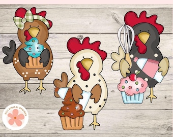 Funny Chicken Clipart, Whimsical Funky Cartoon Chickens, Birthday Cupcakes PNG, DIY T-Shirts, Stickers, Farmhouse Wall Art, Paper Crafting