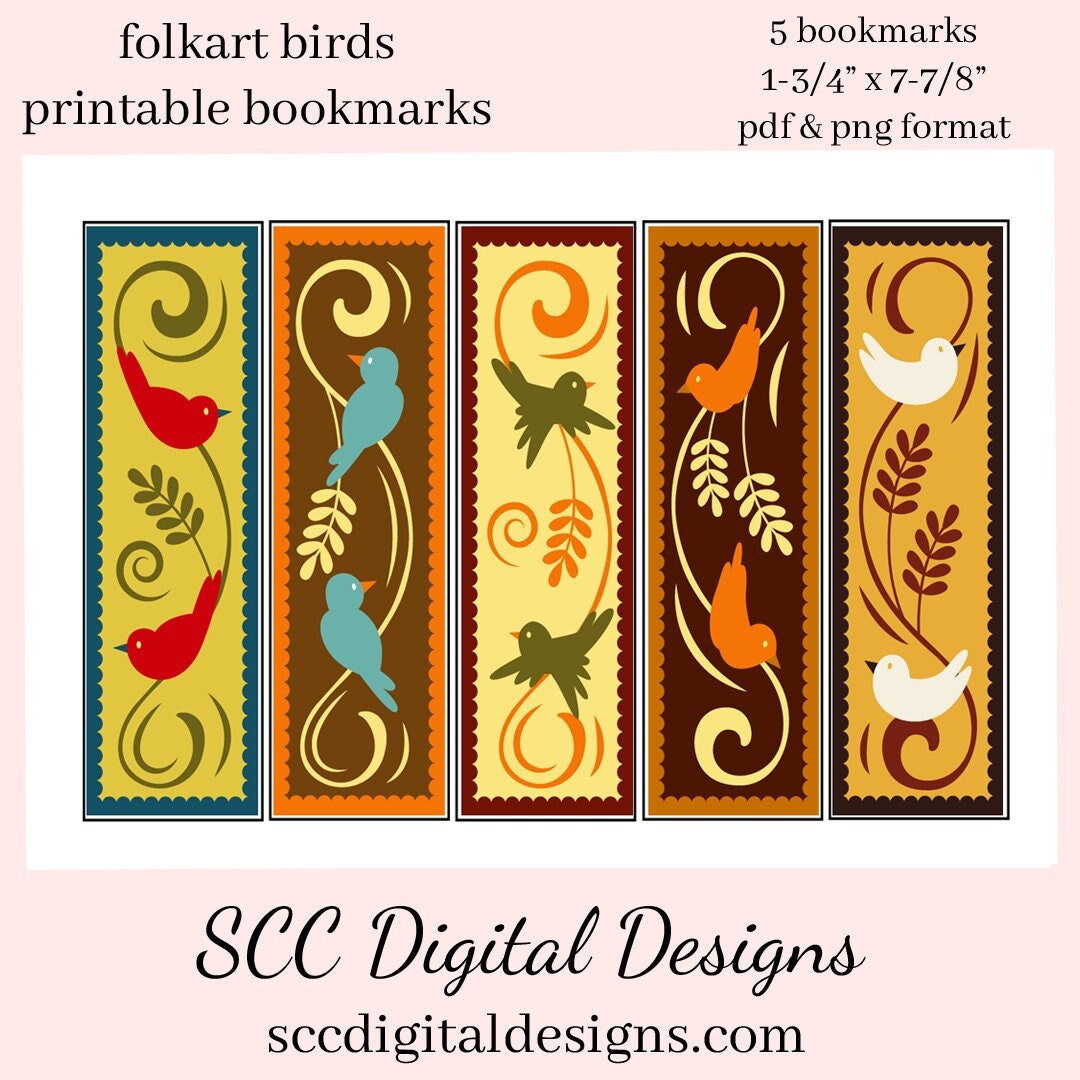 Folkart Birds Printable Bookmarks School Holiday Party Gift Teacher