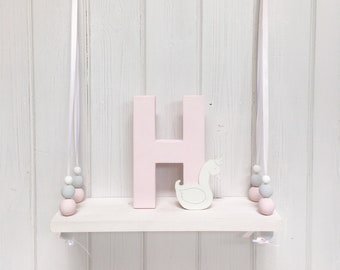 Wooden Swing Shelf | White Painted Shelf Nordic Style Shelf | Hanging Bead Shelf | Pink | Grey | White | Nursery Decor | Children's Room |