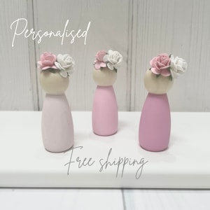 Personalised Peg Doll | Pink | New Born Gift | Shelf Decor | Nursery Name Sign | Wooden Letter | Neutral Nursery | Girls Nursery