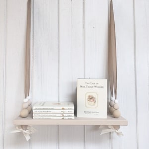 Luxury Wooden Swing Shelf | Nordic Style Shelf | Hanging Bead Shelf | Oatmeal Painted Shelf | Beige | White | Nursery Decor | Luxury Linen