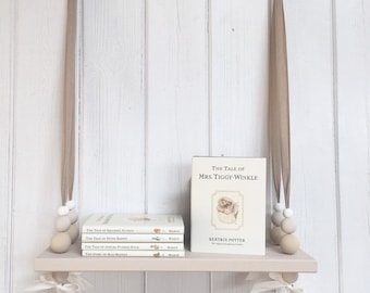 Luxury Wooden Swing Shelf | Nordic Style Shelf | Hanging Bead Shelf | Oatmeal Painted Shelf | Beige | White | Nursery Decor | Luxury Linen