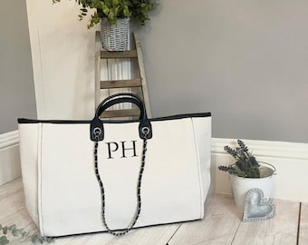 Bolso de lona personalizado con cadena para el fin de semana, bolso grande para el fin de semana con iniciales en el bolso, bolso de viaje de lujo para mujer